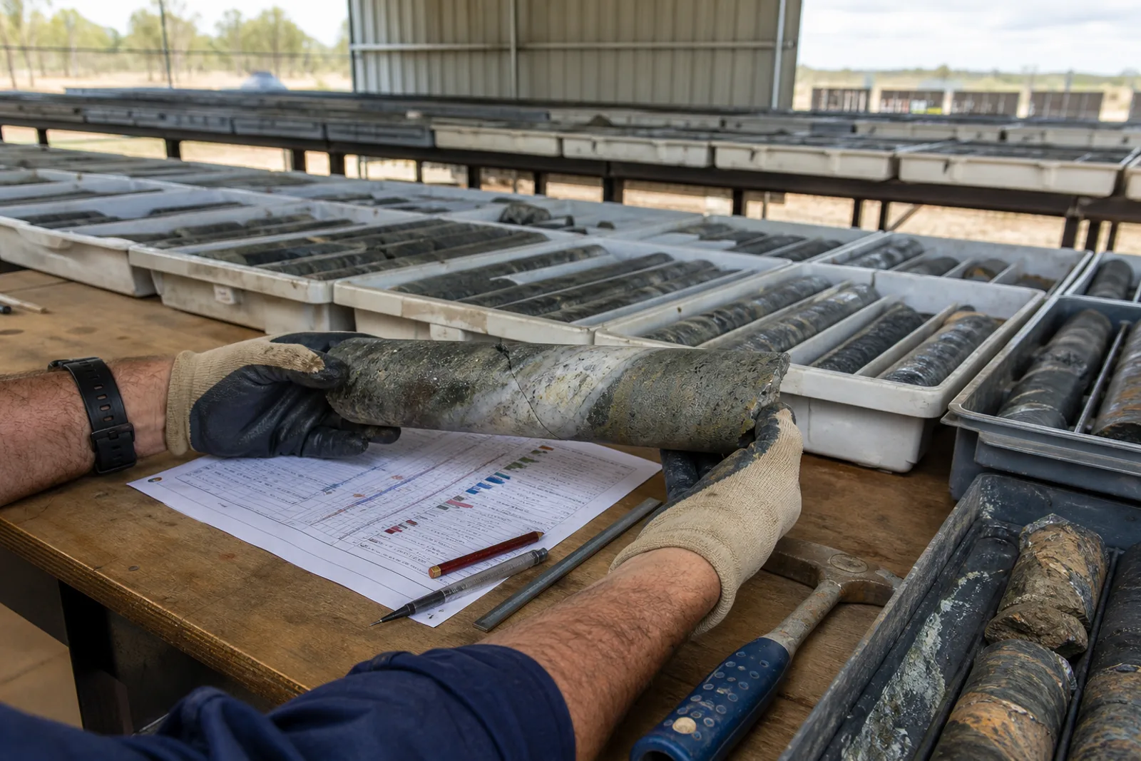 Gloved hands inspecting drill core