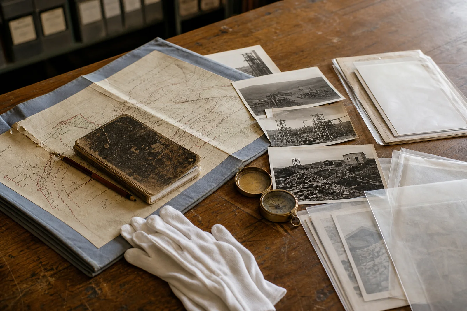 Historic maps, notebooks and photographs arranged on a table for archival review