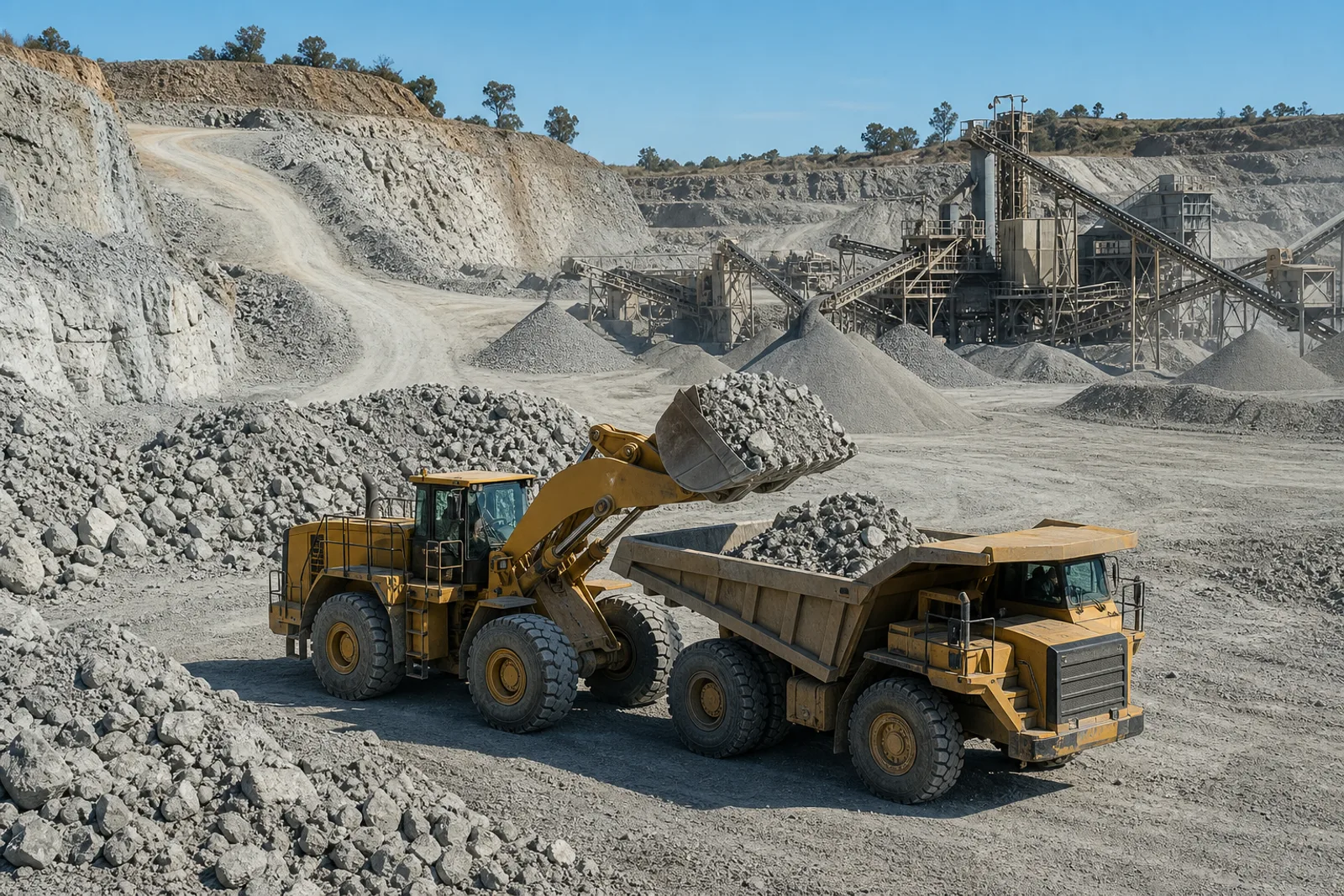 A loader and haul truck working beside an Australian quarry plant