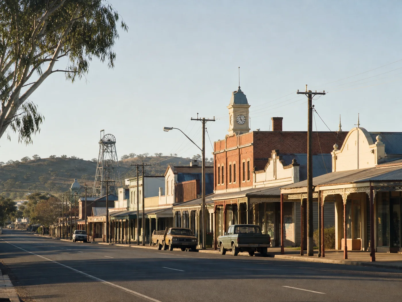 A contemporary editorial view of a regional Victorian street with a historic mine headframe beyond it